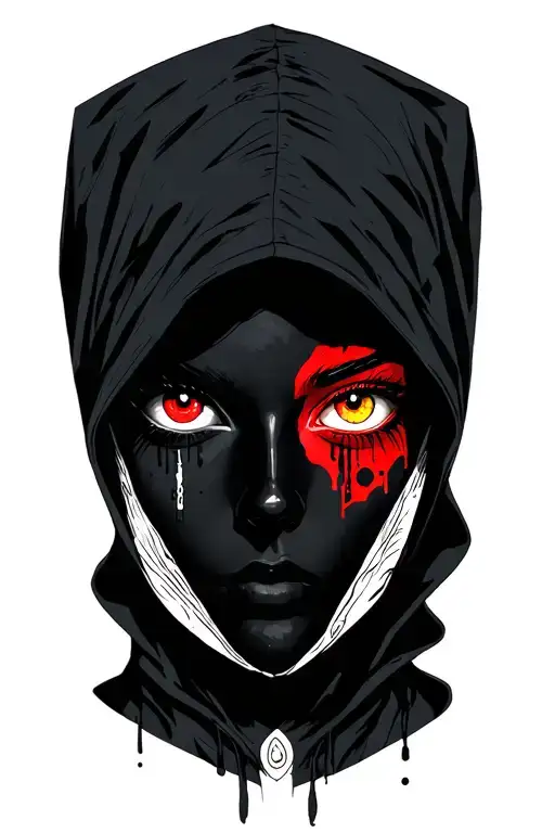 Women In Dark Hood And Right Eye Red And Left Eye Yellow No Face Visible