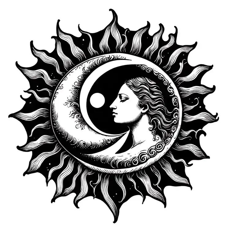 Blackwork Tattoo Design Of The Sun And Crescent Moon Gently Kissing The Sun