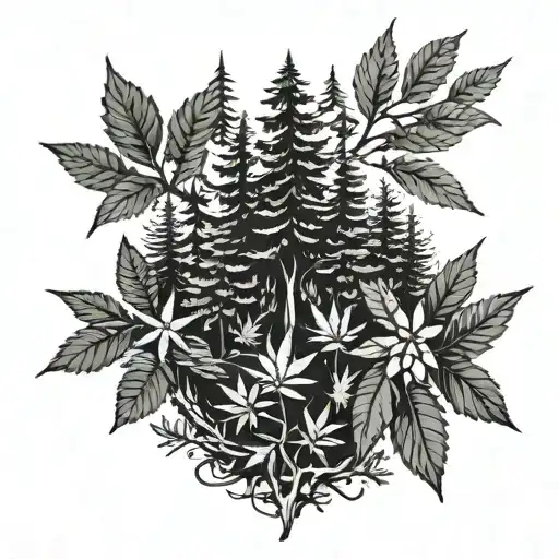 A Blackwork Tattoo Of A Serene Forest Scene With Hidden Marijuana Leaves Among The Trees