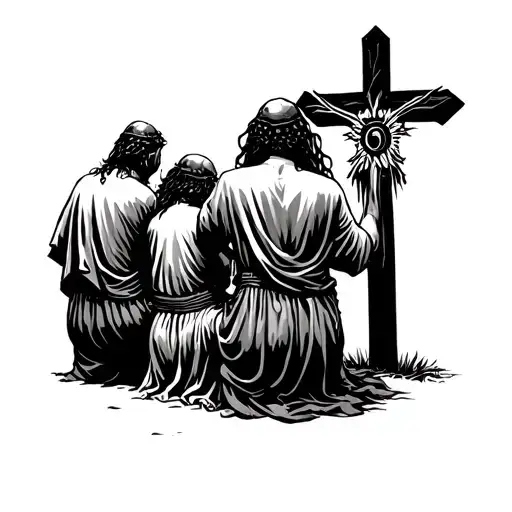 Three Warroirs Kneeling Before The Cross