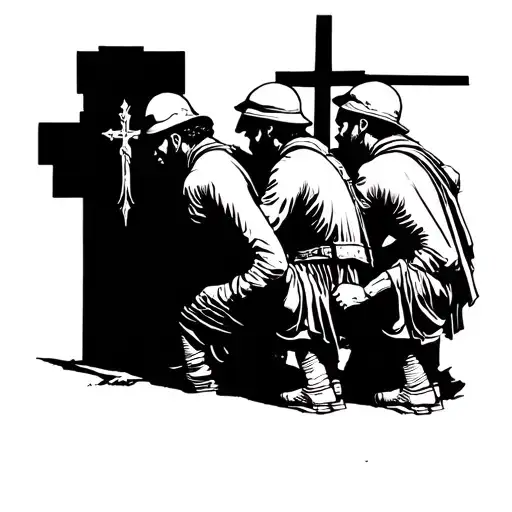 Three Soldiers Kneeling Before The Cross