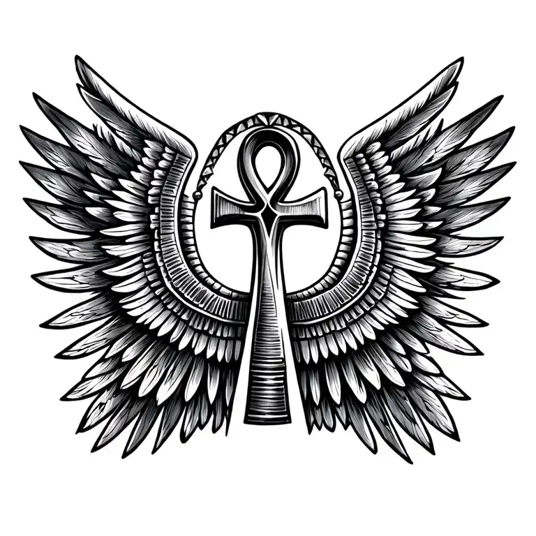 Ankh Cross Symbol With Egyptian Wings Spread Wide