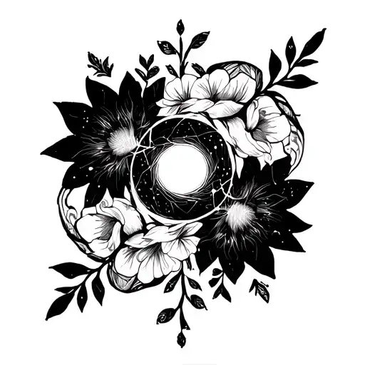 Virgo Constellation Intertwined With Floral Elements In Blackwork Style