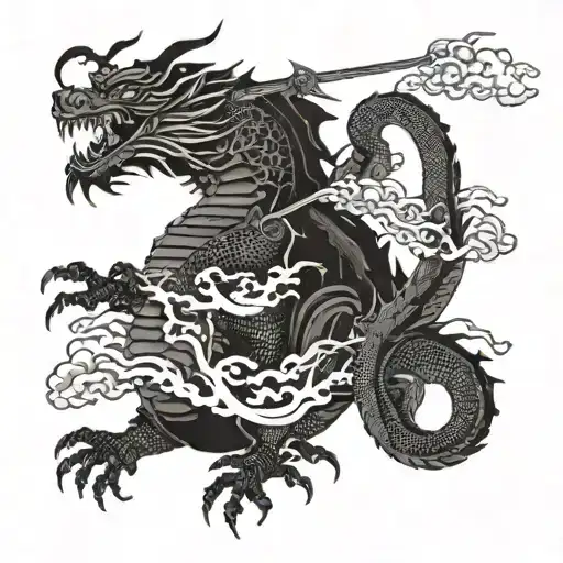 Samourai On A Dragon Flying Over Japan