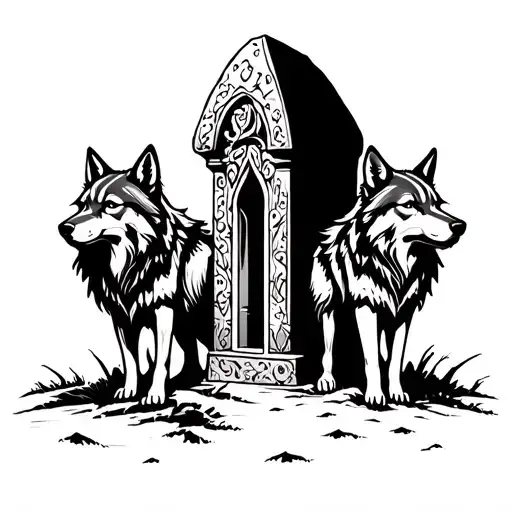 Two Wolves And One Tomb In The Back
