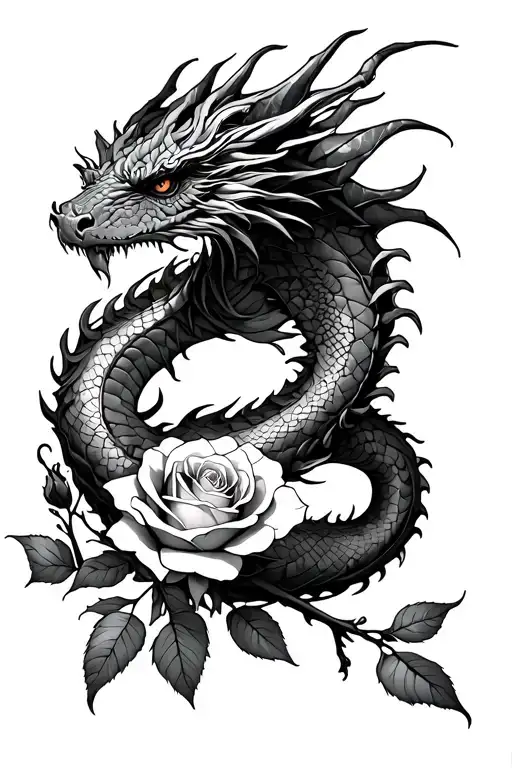 Dragon Wrapped Around A Rose Intertwined