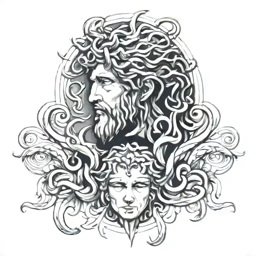 Half Medusa On The Left And Half Of Odysseus On The Right