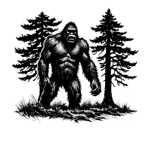 A Mysterious Silhouette Of Bigfoot Hiding Among A Dense Forest Of Trees