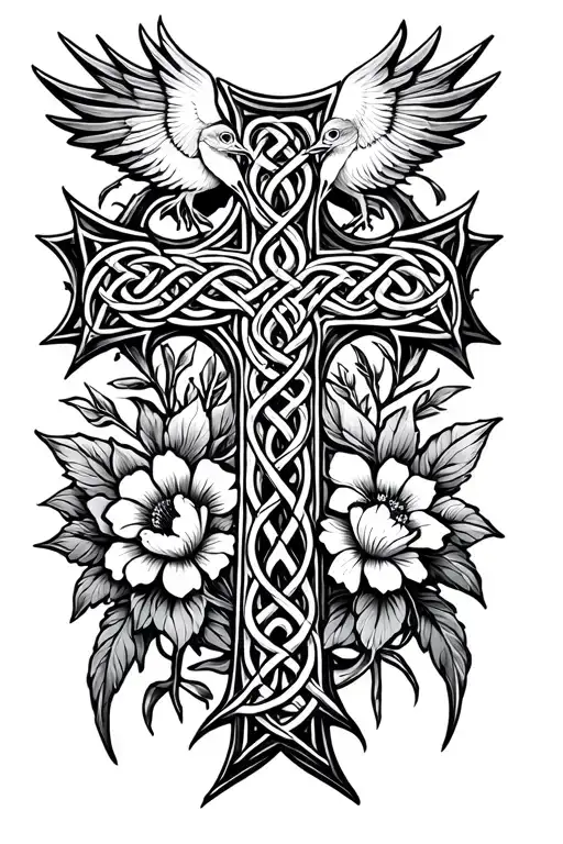 A Celtic Cross Intertwined With Birds And Flowers