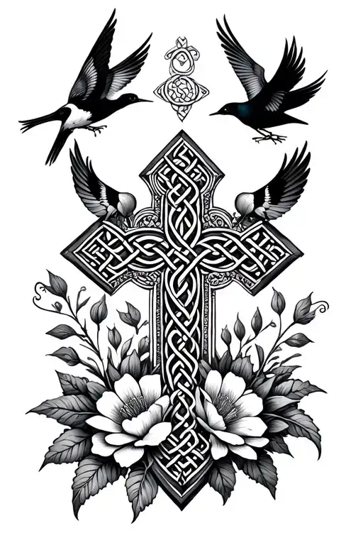 A Celtic Cross Intertwined With Birds And Flowers Blooming