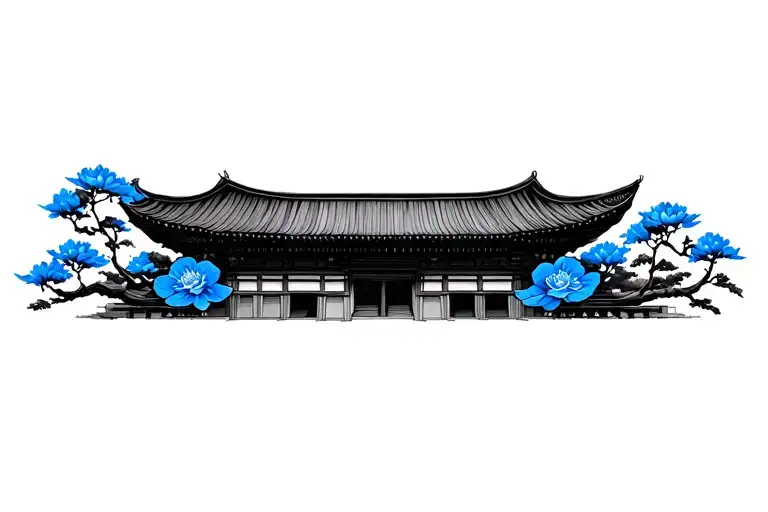 Temple Japanese With Blue Flowers
