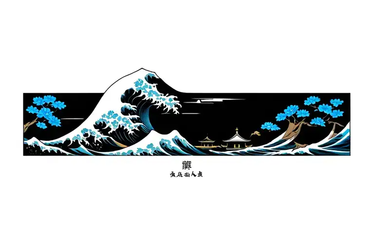 Temple Japanese With Blue Flowers And Mont Fuji And The Great Wave Off Kanagawa