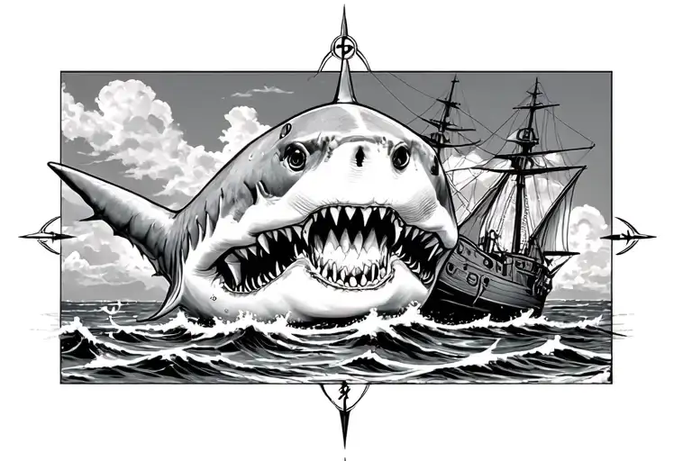 Front Facing Shark Compass And Sunken Ship