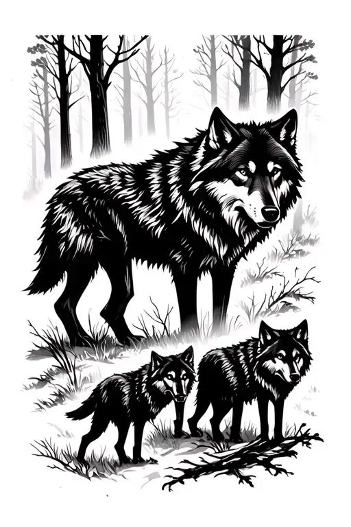 Wolf Pack Roaming In Woods