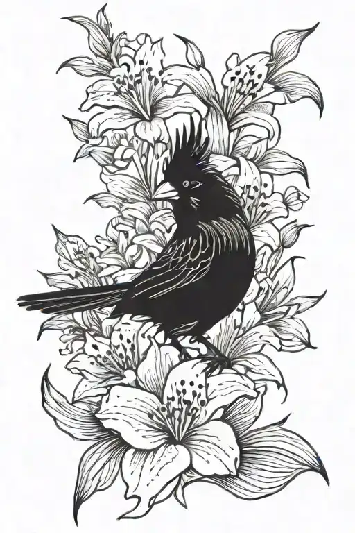 A Back Tattoo Or A Red Cardinal Losing Feather With Lily Flowers Around It