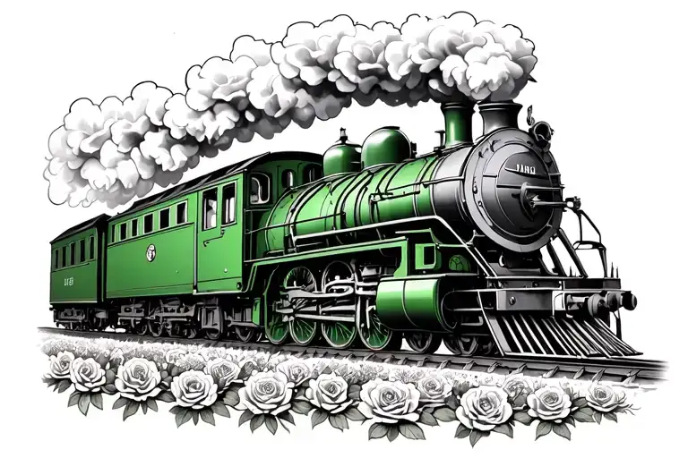 Green Steam Train With A Field Of Roses