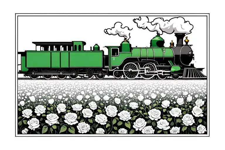 Green Steam Train With A Field Of Roses