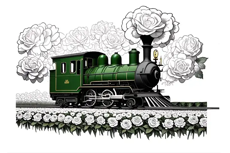 Green Steam Train With A Field Of Roses