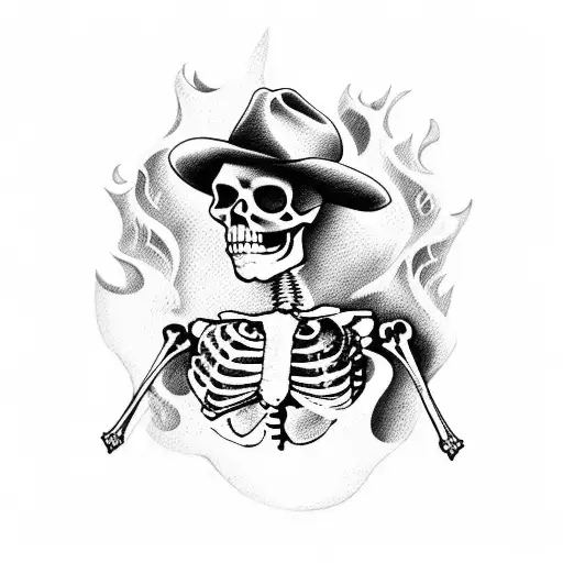 Cowboy Skeleton Sitting By Fire
