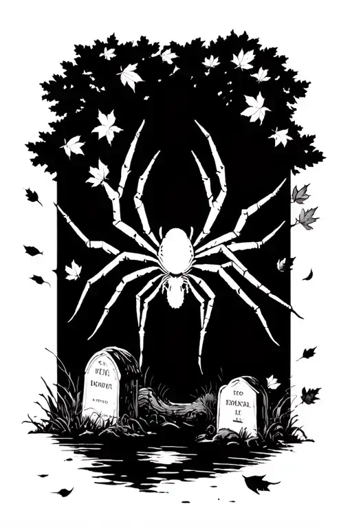 Spider Death Gravestones Old Oak Tree Falling Leafs Lake