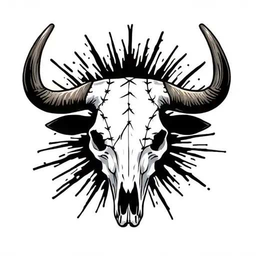 A Blackwork Tattoo Of A Longhorn Skull With Baseball Stitches As Horns