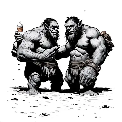 Two Orcs Holding Hands On A Beach Enjoying Ice Cream