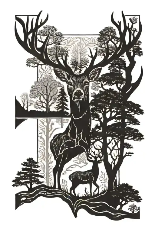 Cross With Trees And Deer