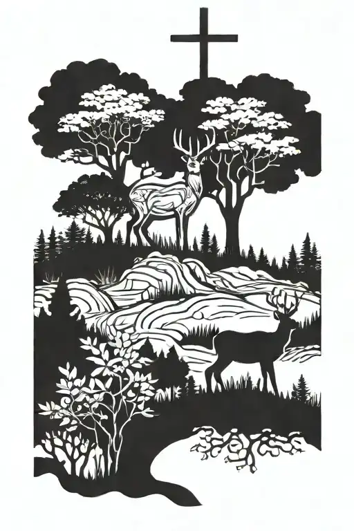 Cross With Trees And Deer