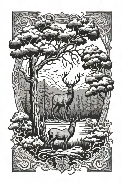 Cross With Trees And Deer
