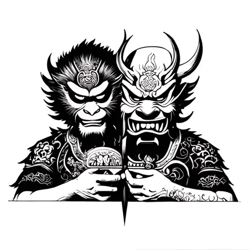 Sun Wukong And Japanese Oni Mask Holding