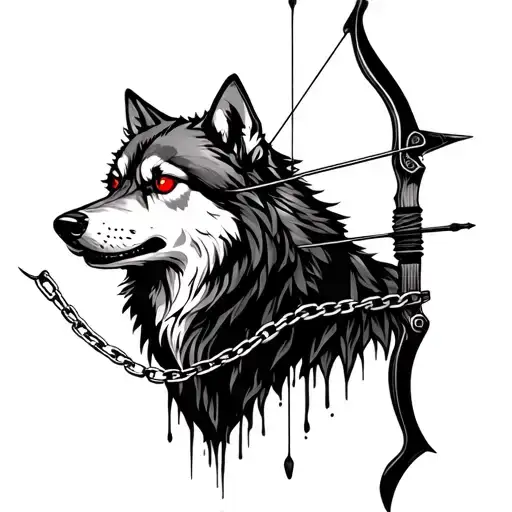 A Chained Wolf With Bloodshot Eyes And A Bow And Arrow