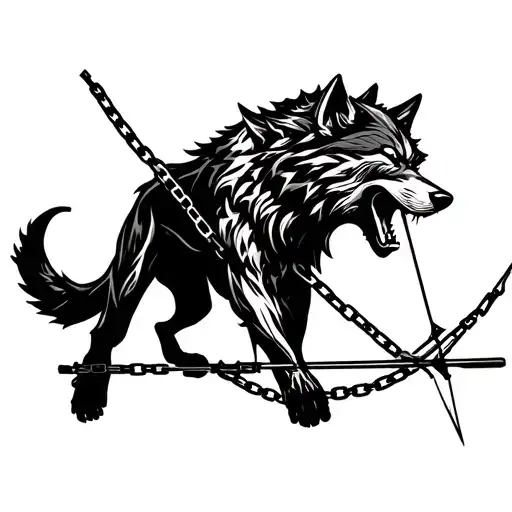 A Powerful Wolf Biting The Chain And With A Bow And Arrow Under Its Body
