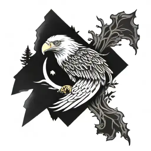 Eagle Head With Nature Elements Such As Mountains And Forest