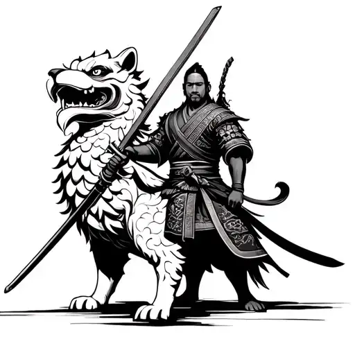 Samurai Warrior Wielding A Sword Standing Next To A Foo Dog