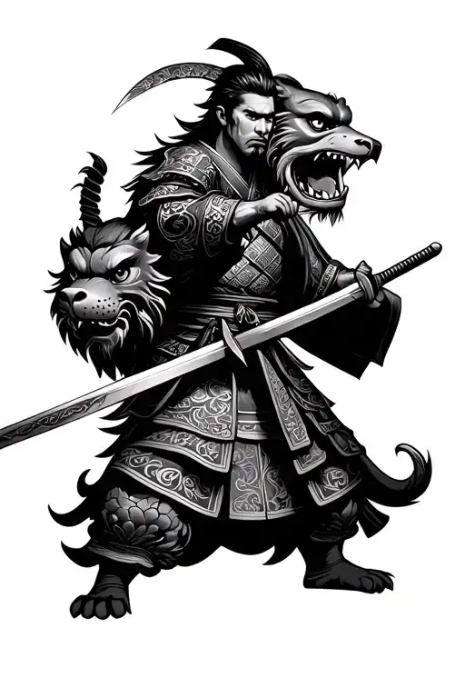 Samurai Warrior Wielding A Sword Standing Next To A Foo Dog