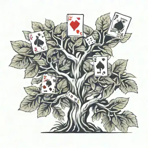 A Detailed Money Tree With Playing Cards And Poker Chips Intertwined In The Branches