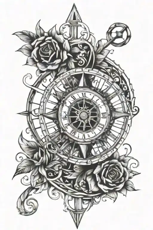 Roman Numeral Clock Compass Rose Intertwined