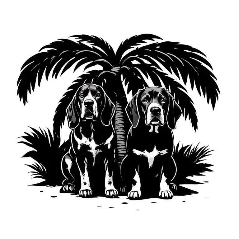 Palm Tree With Basset Hound And Lab Sitting Together