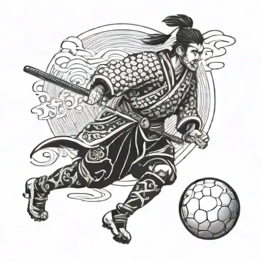 A Samurai Warrior Playing Soccer In Traditional Japanese Attire