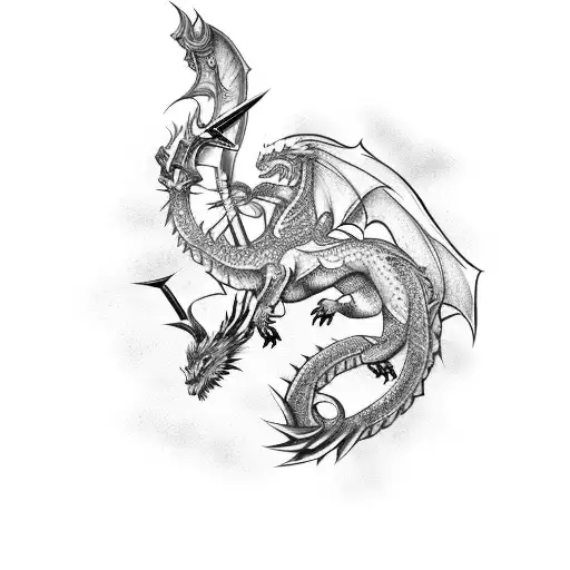 Epic Clash Between A Mythical Dragon And A Warrior Wielding A Sword And Shield