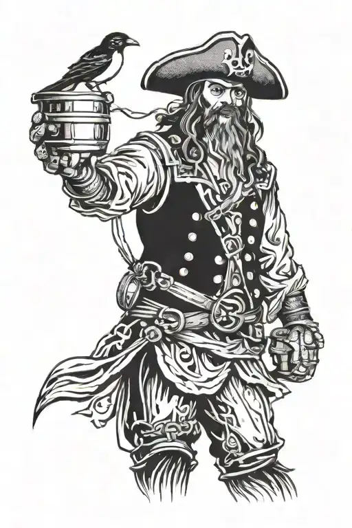 Pirate With A Barrel On One Foot And A Bird On A Shoulder