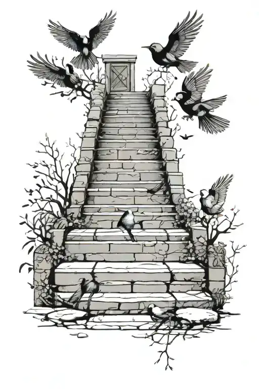 12 Stone Steps Going Up With Birds Flying