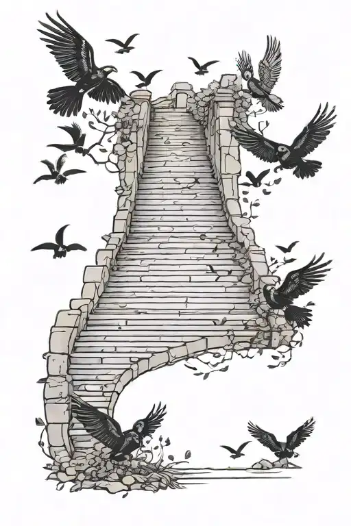 12 Stone Steps Curved Going Up With Birds Flying