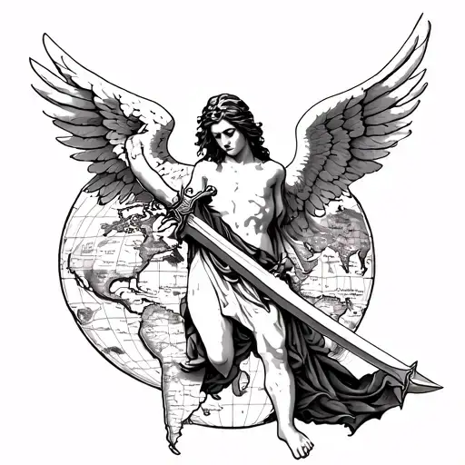 Fallen Angel With Sword And World Map With Landmarks