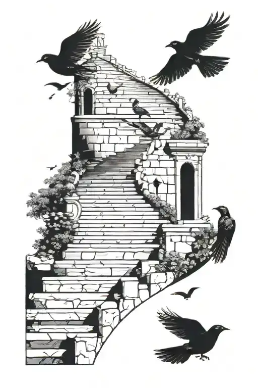 12 Stone Steps Going Up To The Sky Curved With Birds Flying