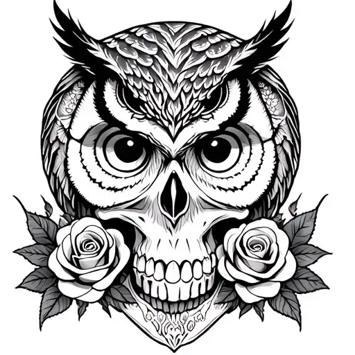 Owl And Down A Skull With Roses Around