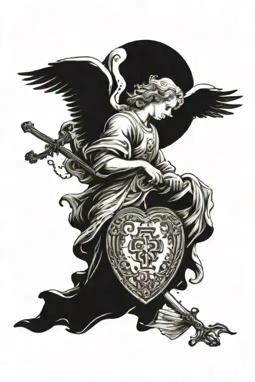 Angel In Heaven Carrying A Bag Of Money With A Dagger Stabbing A Heart