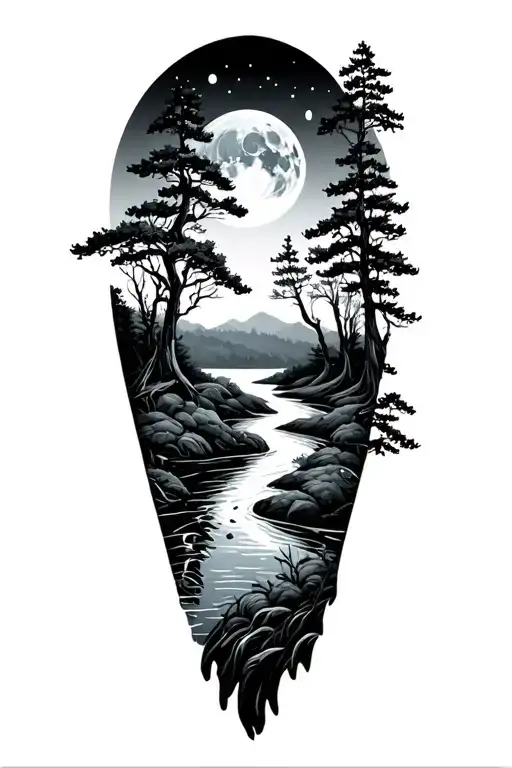 Trees With River Flowing Through With A Moon Above