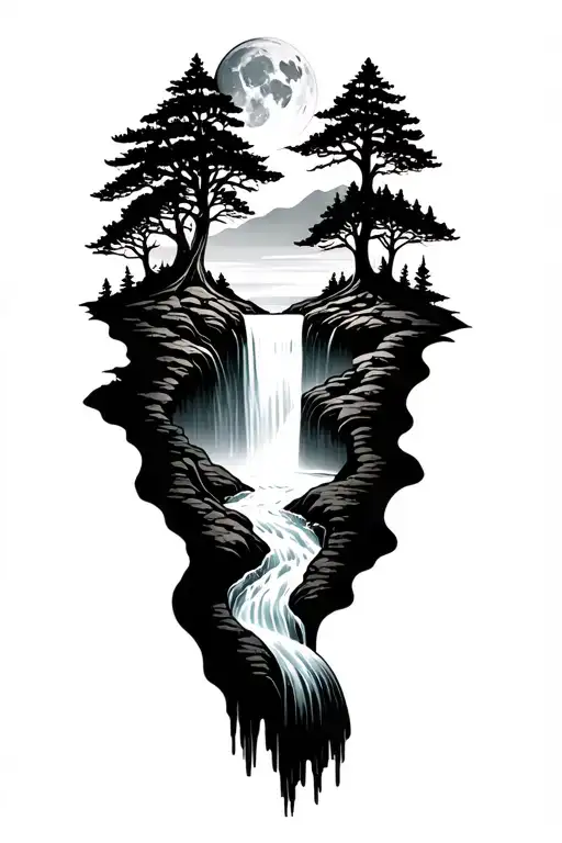 Trees With River Flowing Through With A Moon Above With A Waterfall