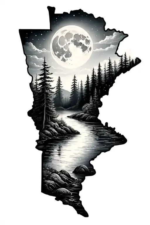 Trees With River Flowing Through With A Moon Above In The Shape Of Minnesota